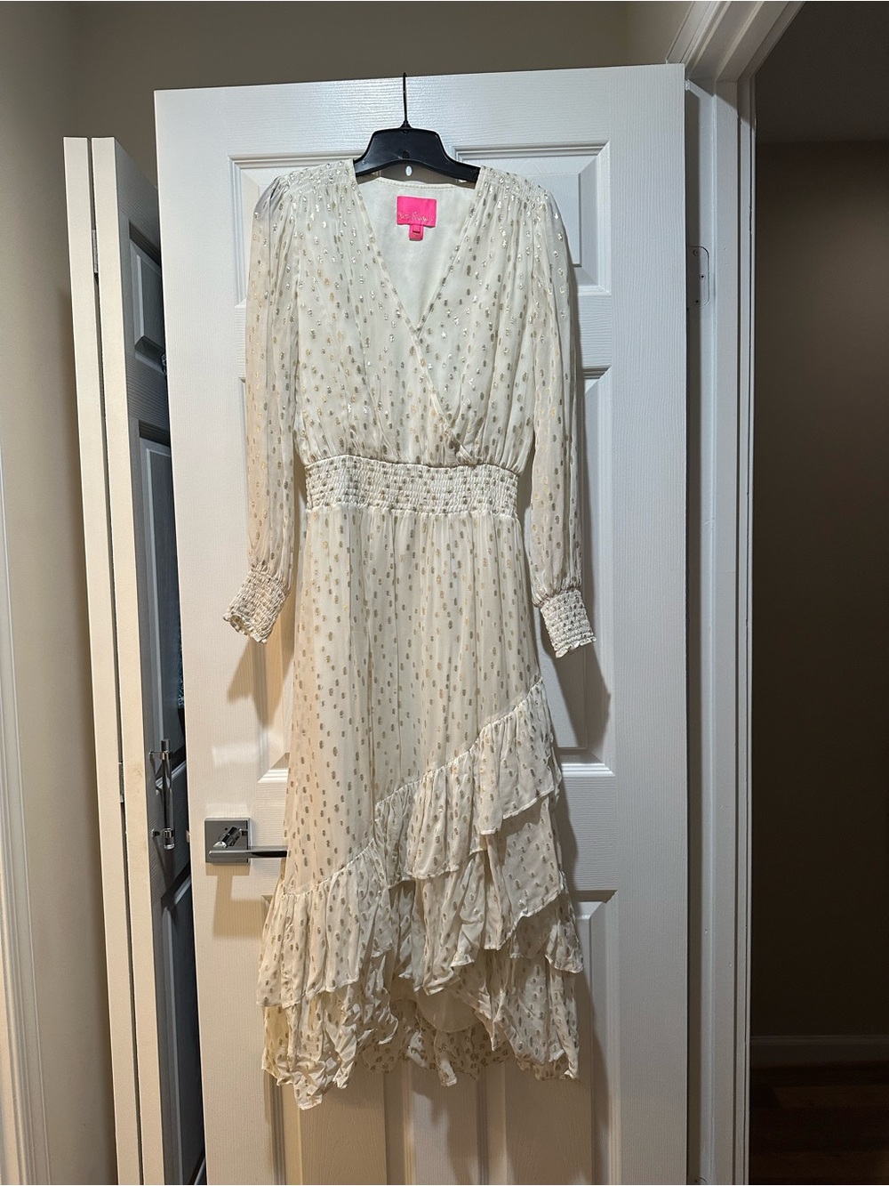 Ivory Long Sleeve gold glitter sparkling Ruffle Midi Dress by (unknown)